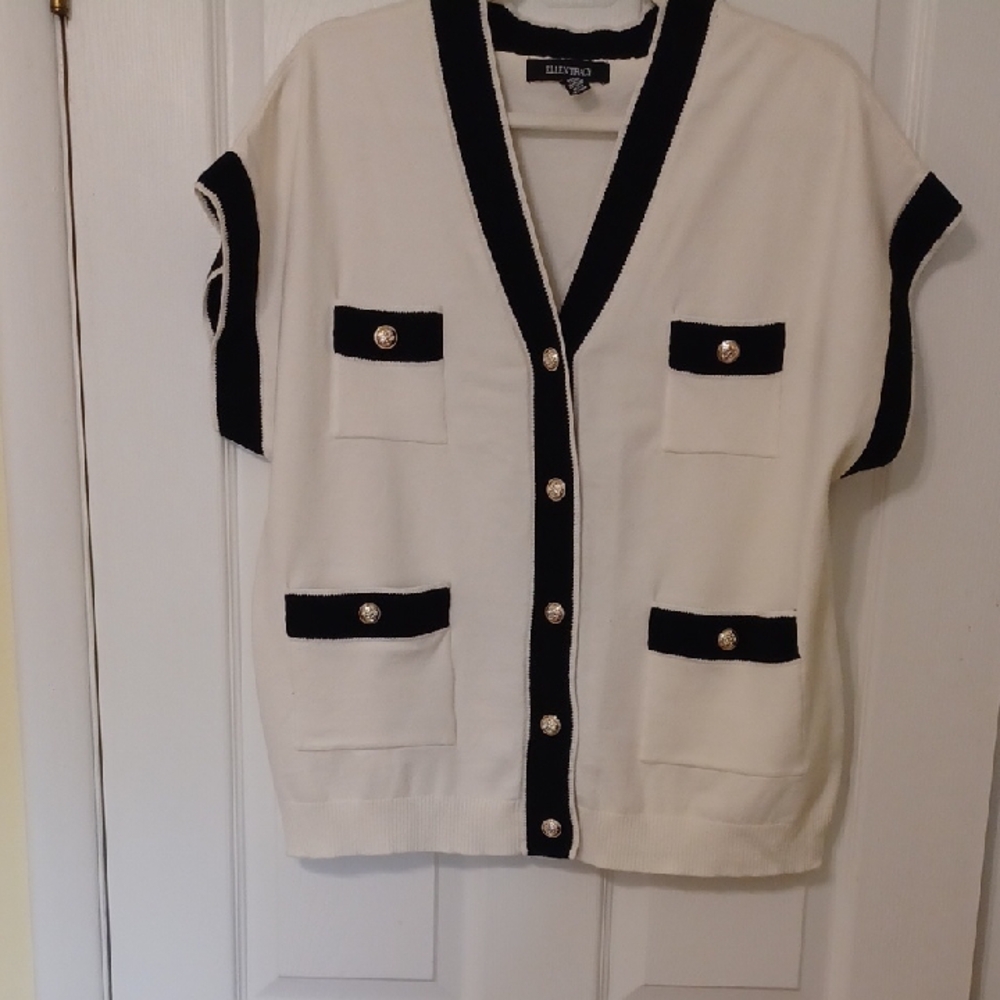 Ellen Tracy Sz L, Cream and Black Cardigan with Gold Buttons. NWOT